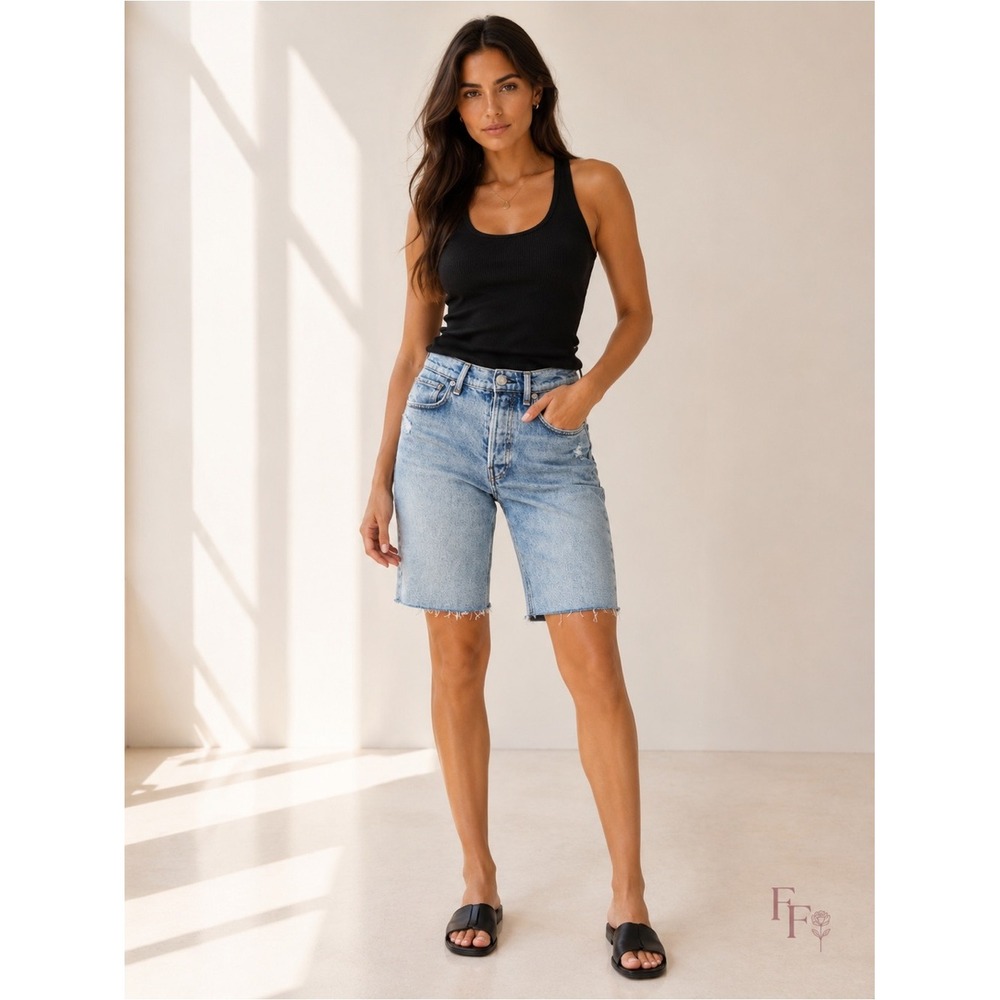 rag & bone Vintage Bermuda Denim Shorts 24 Raw Hem High Rise Light Wash Distress
